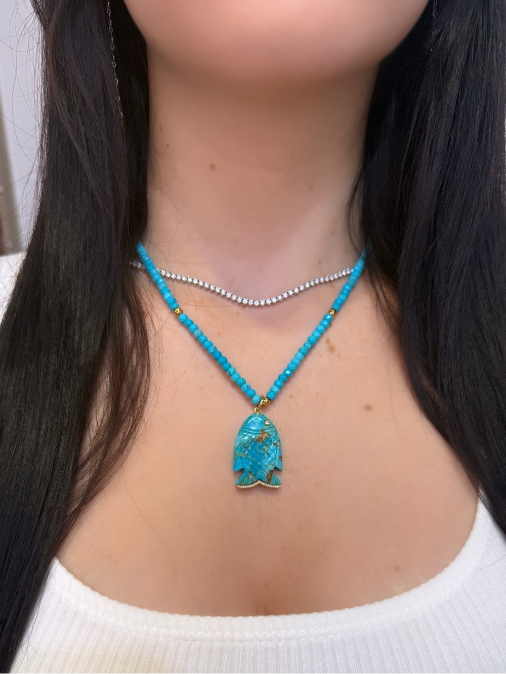 14k Yellow Gold Turquoise Fish Charm with Diamonds - Women's Jewelry